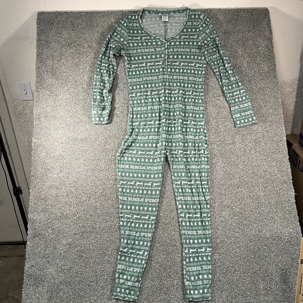 Victoria's Secret PINK Women XL Green Fair Isle Thermal Pajamas One Piece 2648